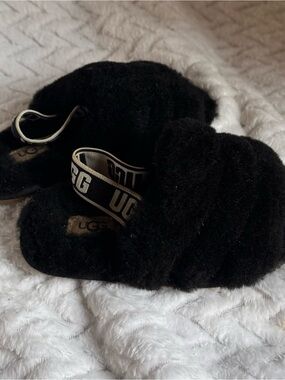 UGG Black Shearling Slide with Branded Elastic Heel Strap